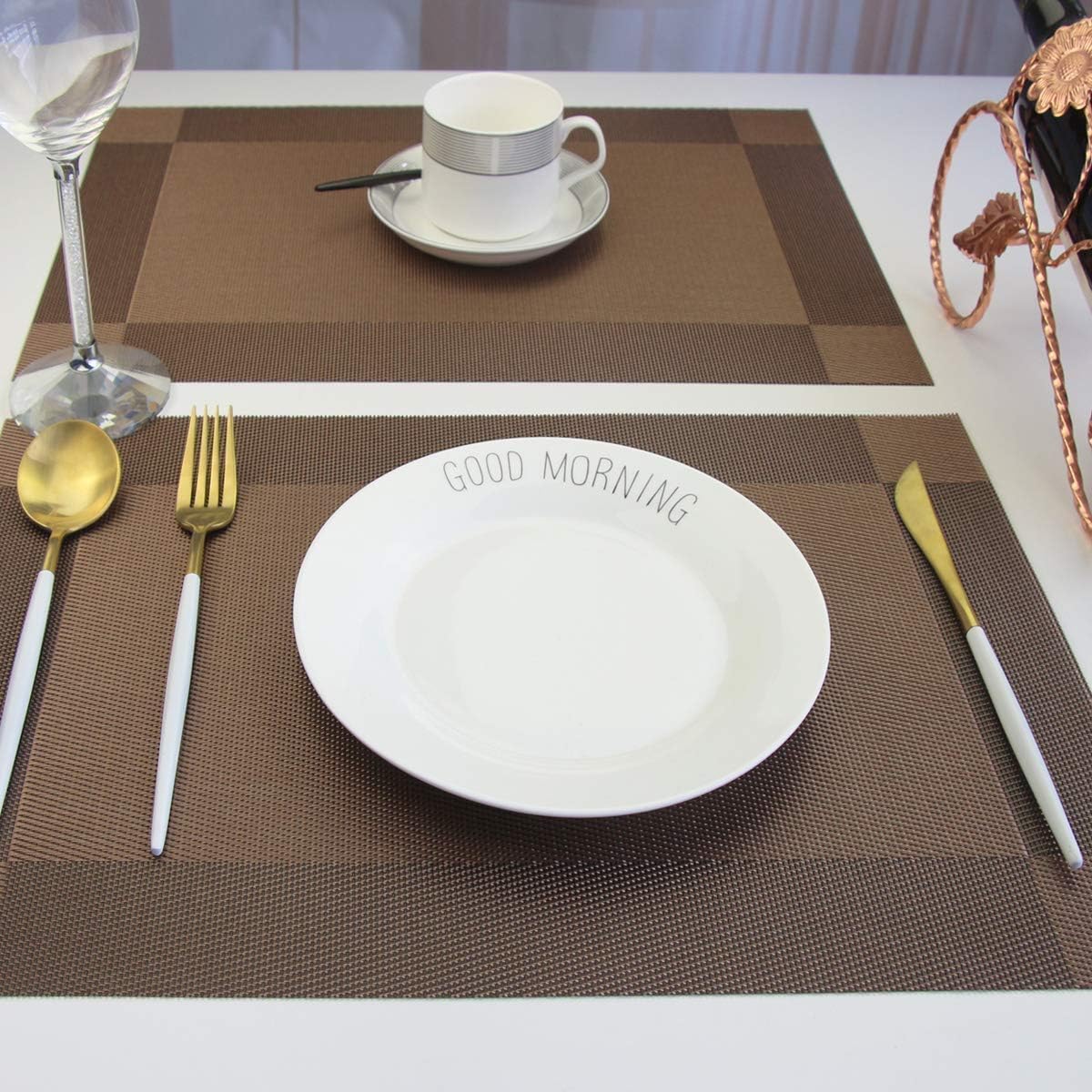 Premium Crossweave Vinyl Woven Table Mats, Insulation Washable Table Mats Set of 8 (Brown) - Image 4