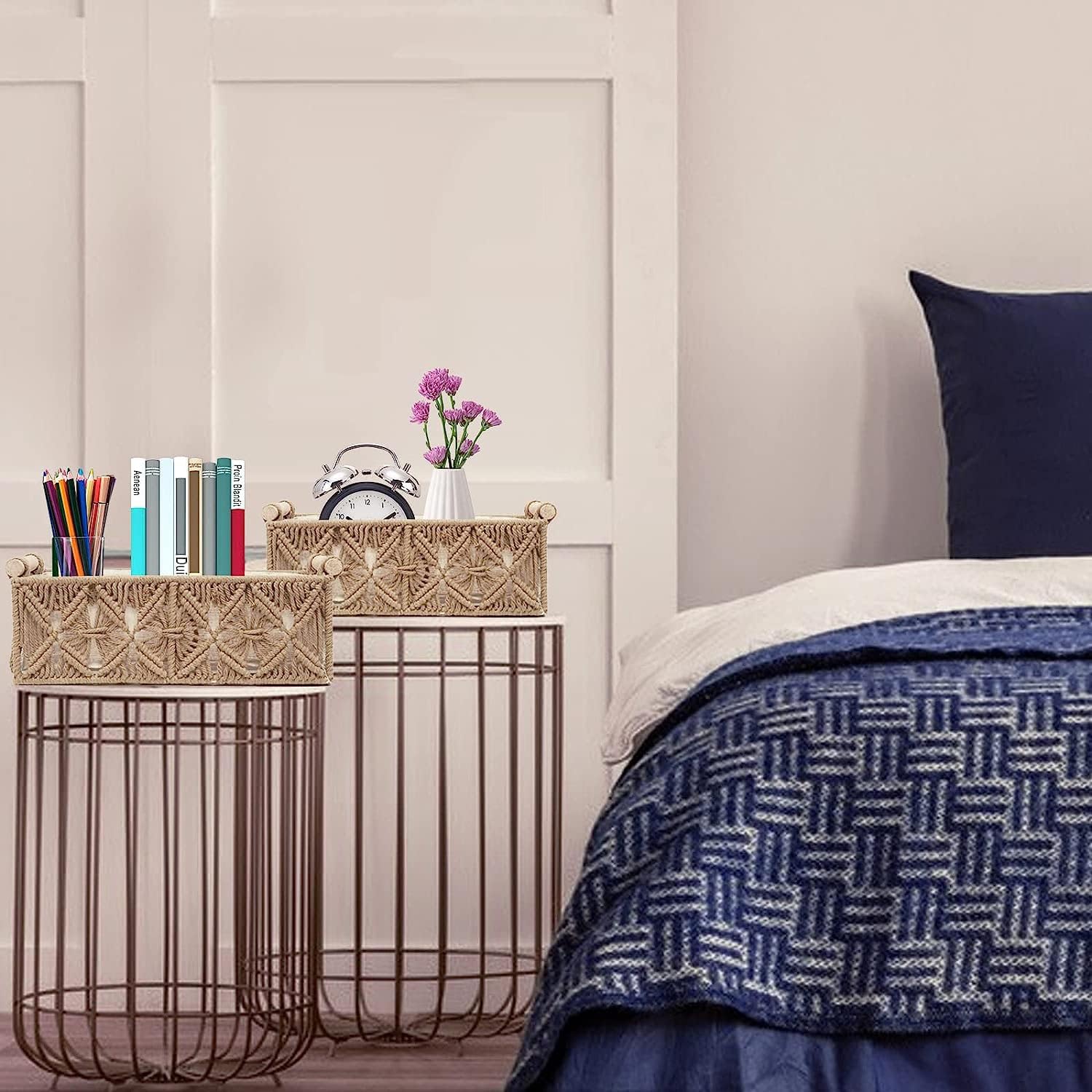 Set Of 2 Macrame Rectangular Storage Basket With Wooden Handles, Storage Baskets Tray Cotton Lined For Organizing (Beige) - Image 2