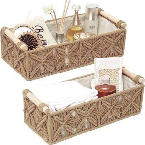 Set Of 2 Macrame Rectangular Storage Basket With Wooden Handles, Storage Baskets Tray Cotton Lined For Organizing (Beige)