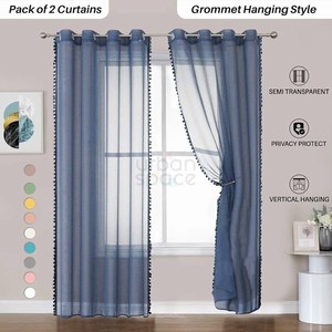 Linen Textured Sheer Curtain for Door, 35-40% Room Darkening, Decorative Curtains with Tieback, Eyelets Hanging Style, Set of 2 Curtains -Royal Blue with pom pom (Door -7 feet)