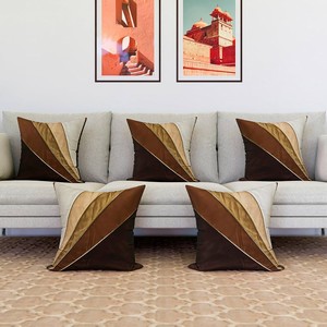 Cushion Cover | Pillow Covers for Sofa | Throw Cushion Cover | Dupion Polyester Cushion Covers | Cream Patang Wire Cushion Covers | Set of 5 | 16 Inch | Brown