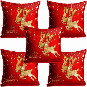 Merry Christmas Cushion Cover in Jute Fabric (Multicolor, 16X16 Inches) Set of 5