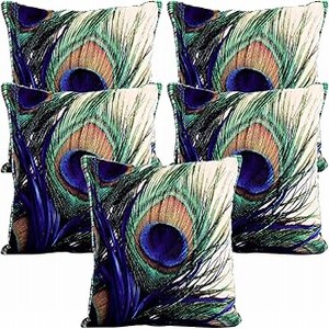 Peacock Wings Design Cotton Decorative Cushion Covers (16 X 16 Inches) Set of 5
