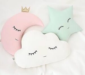 Velvet Baby Cushion Set of 3 – Cloud, Moon & Star Shapes | Pink Green | Soft Polyester Filled Crib Cushions