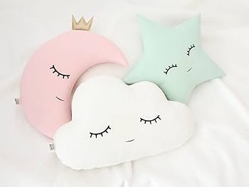 Velvet Baby Cushion Set of 3 – Cloud, Moon & Star Shapes | Pink Green | Soft Polyester Filled Crib Cushions