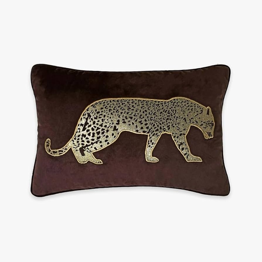 Leopard Applique Decorative Velvet Cushion Cover (12 x 18 Inches) w-Luxurious Faux Leather Cutwork & Velvet Piping_ Stylish & Trendy Design (Dark Brown) - Image 5
