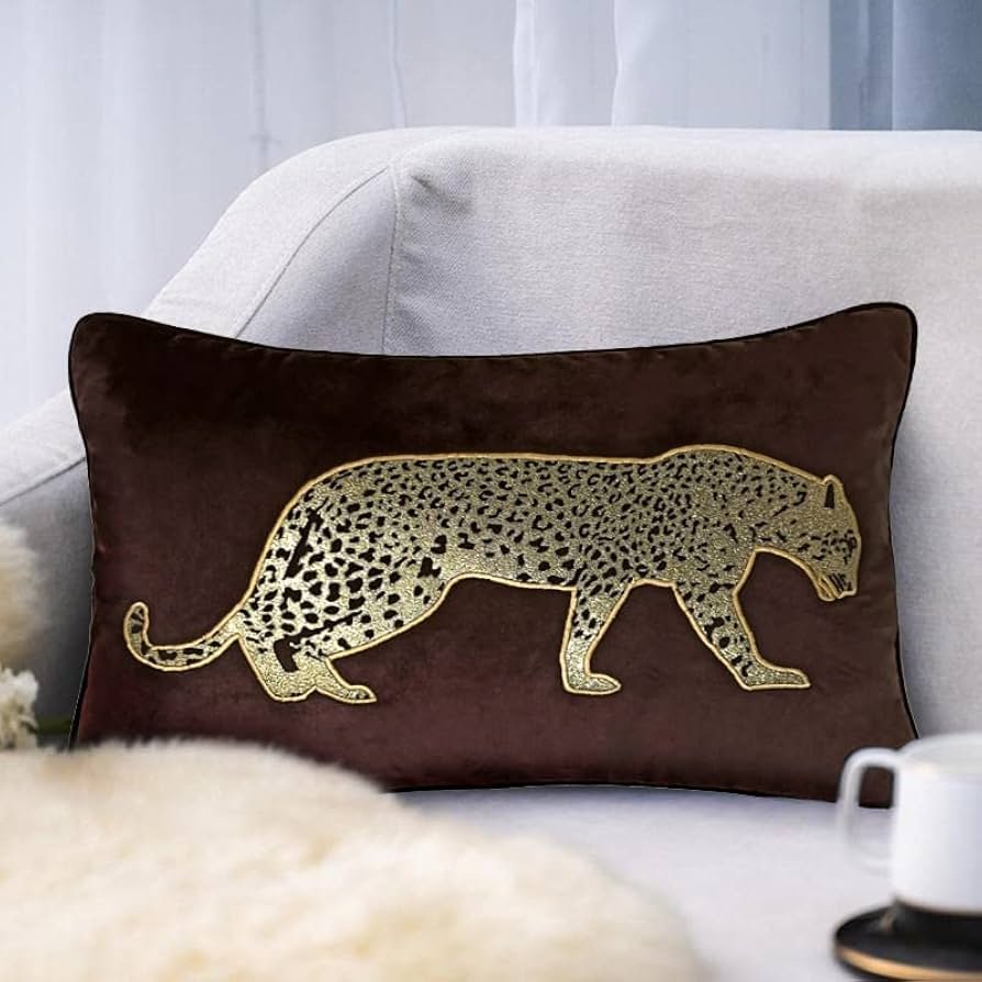 Leopard Applique Decorative Velvet Cushion Cover (12 x 18 Inches) w-Luxurious Faux Leather Cutwork & Velvet Piping_ Stylish & Trendy Design (Dark Brown)