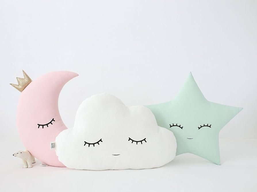 Velvet Baby Cushion Set of 3 – Cloud, Moon & Star Shapes | Pink Green | Soft Polyester Filled Crib Cushions - Image 6