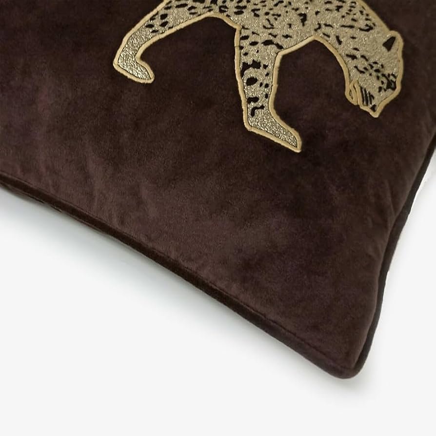 Leopard Applique Decorative Velvet Cushion Cover (12 x 18 Inches) w-Luxurious Faux Leather Cutwork & Velvet Piping_ Stylish & Trendy Design (Dark Brown) - Image 7
