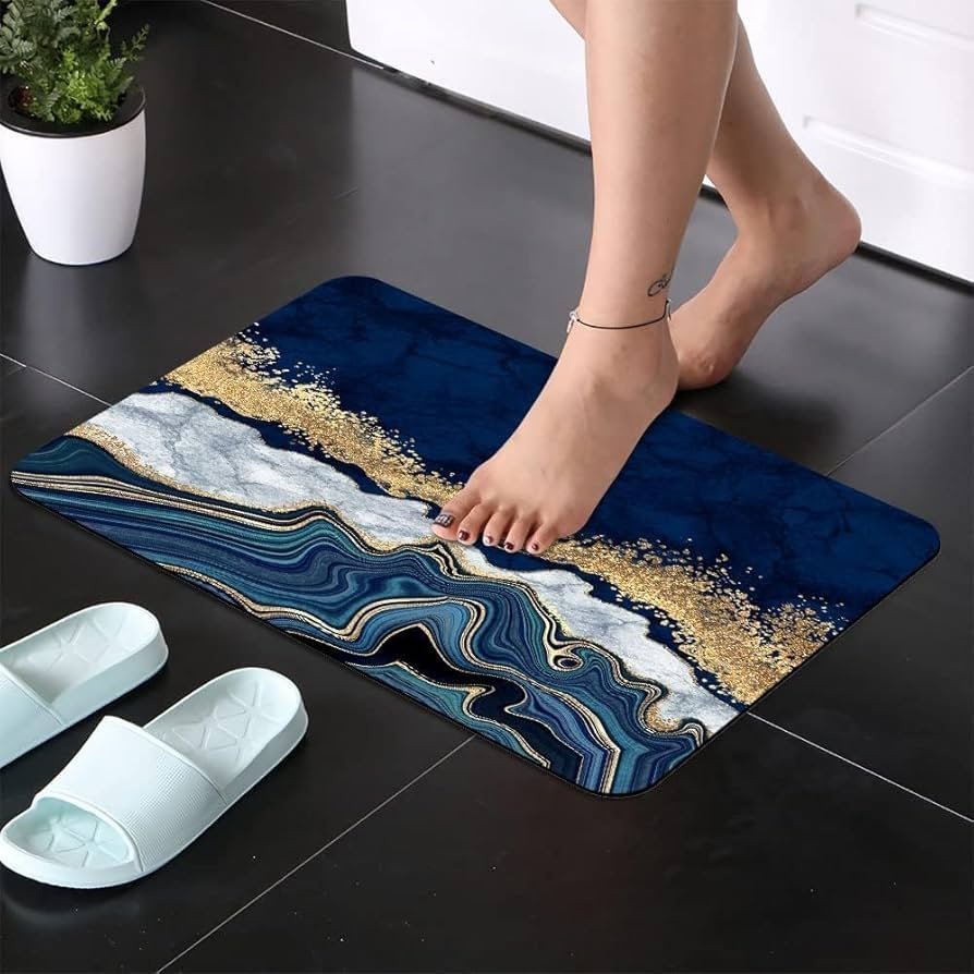 3D Non-Slip Textured Bathroom Mat (60x40 cm) - Water Absorbent Thin Square Shower Rug for Home & Kitchen (Blue Marble) - Image 6