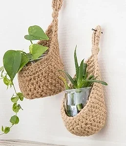 Cotton Handcrafted Decorative Crochet Hanging Basket | Plant Holder & Home Storage | Indoor/Outdoor | Beige (Pack of 1)