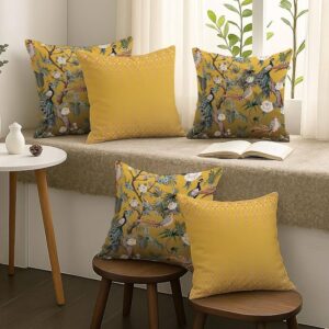 Mustard Yellow Peacock Printed Polycotton Cushion Covers _ Decorative Square Throw Pillow Cases for Sofa, Living Room & Bedroom _ Set of 5 (16 x 16 Inches)