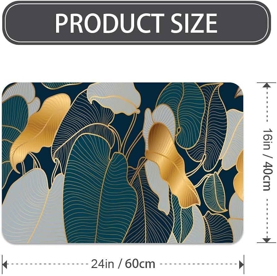 Non-Slip Textured Bathroom Mat (60x40 cm) - Water Absorbent Thin Square Shower Rug for Home (Green Plant Leaf Design) - Image 3