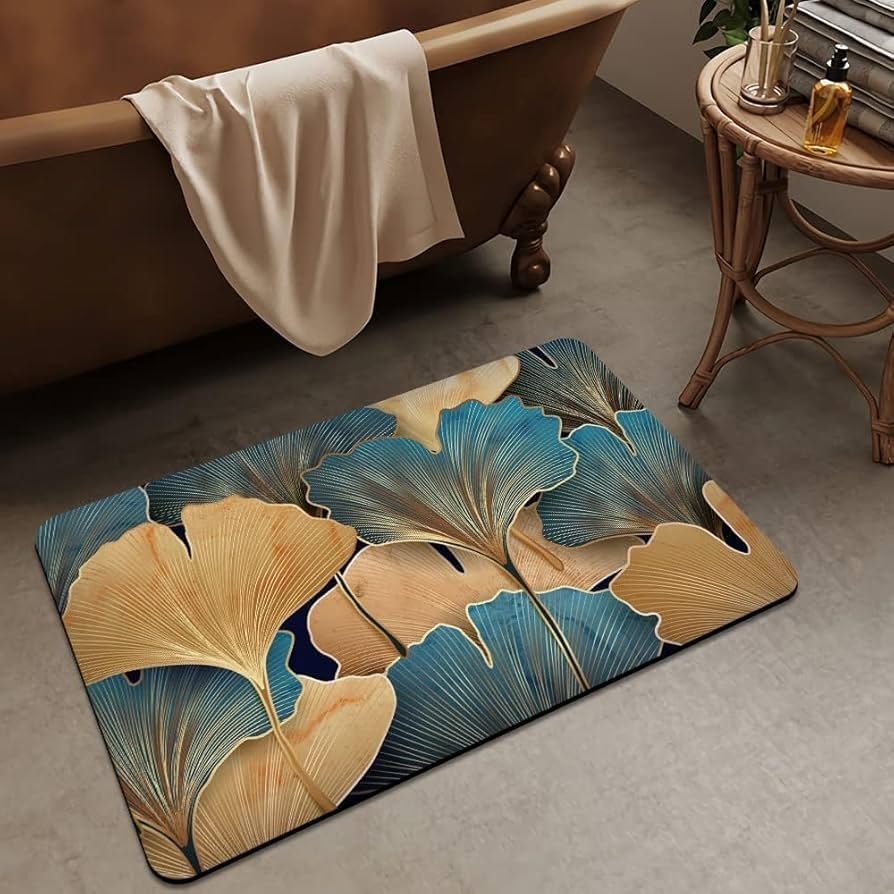 Non-Slip Textured Bathroom Mat (60x40 cm) - Water Absorbent Thin Square Shower Rug for Home (Gold Leaf Design) - Image 2