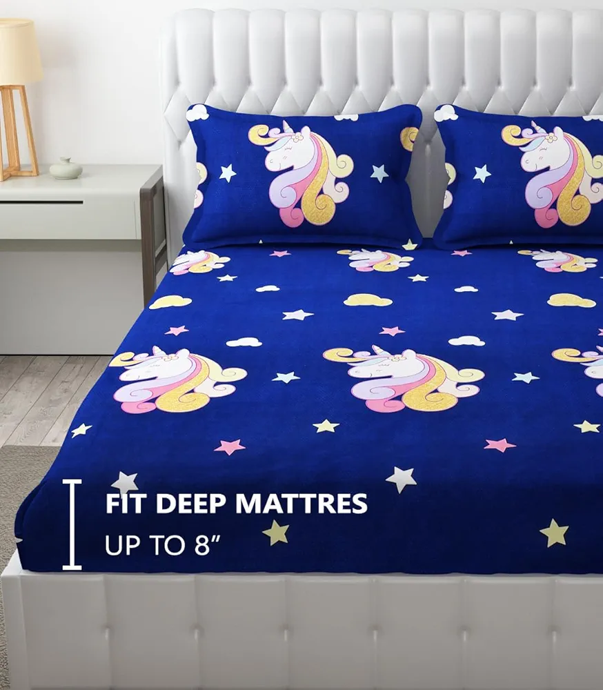 300 TC Glace Cotton Fitted Bedsheet – King Size 78x72 in | Dinosaur Cartoon Print in Blue | Wrinkle-Free with 2 Pillow Covers | Fits Mattress up to 8 Inch - Image 3