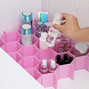 Honeycomb Drawer Organizer for Underwear, Socks & Clothing | Adjustable Plastic Closet Divider | 38 Compartments, 16 Straps | Pink | Made in India