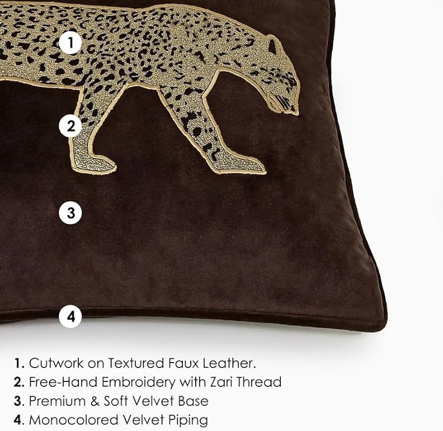 Leopard Applique Decorative Velvet Cushion Cover (12 x 18 Inches) w-Luxurious Faux Leather Cutwork & Velvet Piping_ Stylish & Trendy Design (Dark Brown) - Image 8
