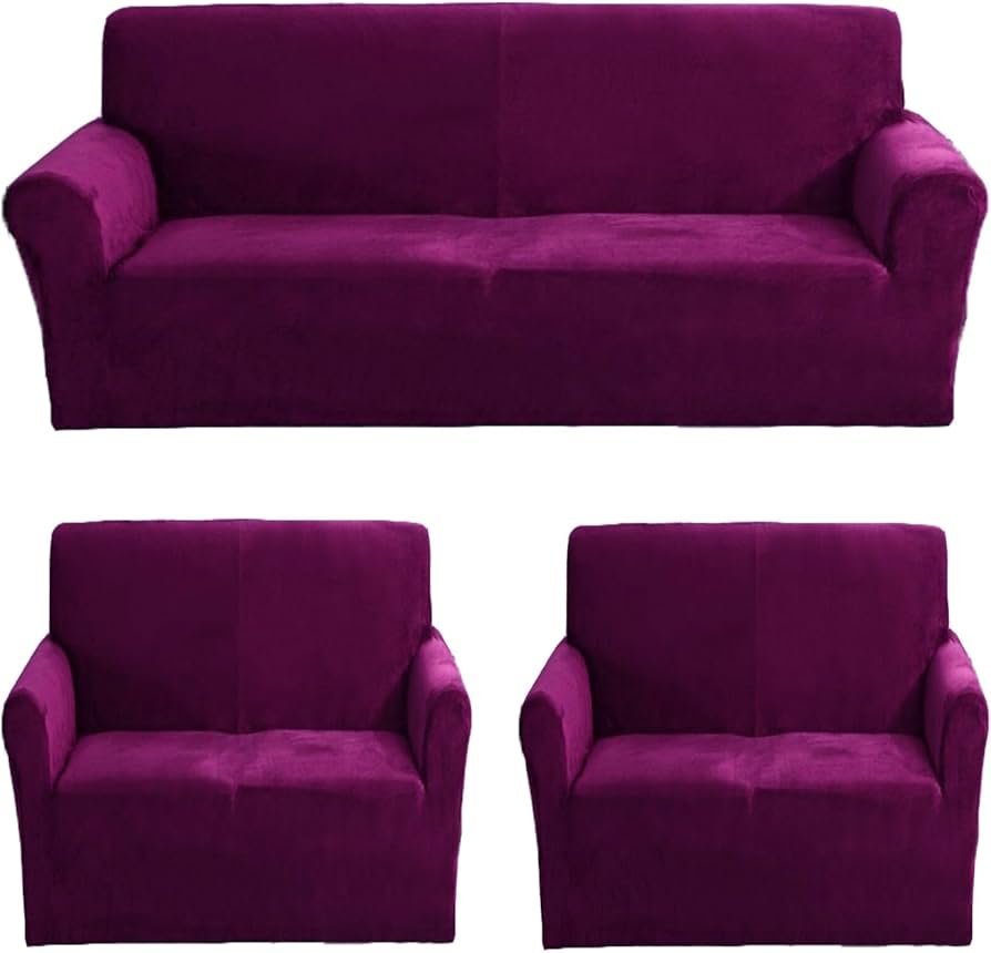 Velvet Sofa Cover 3 Seater and 2 Seater Fully Covered Universal 5 Seater Sofa Cover Non-Slip Sticky Elastic Stretchable Sofa Set Slipcover Protector for (3+1+1 Seater), Wine