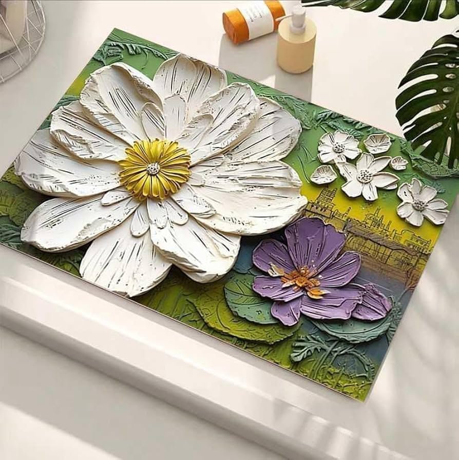 Oval Non-Slip Rubber Bath Mat Set (Pack of 2) - Super Absorbent, Quick-Dry & Washable Thin Rug for Bathroom (Green Rose) - Image 2