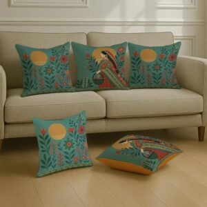 Satin Cushion Covers Elegant Woman in Saree with Basket & Flowers, 16x16 Inch, Pack of 5 for Ethnic Sofa Styling & Gifting