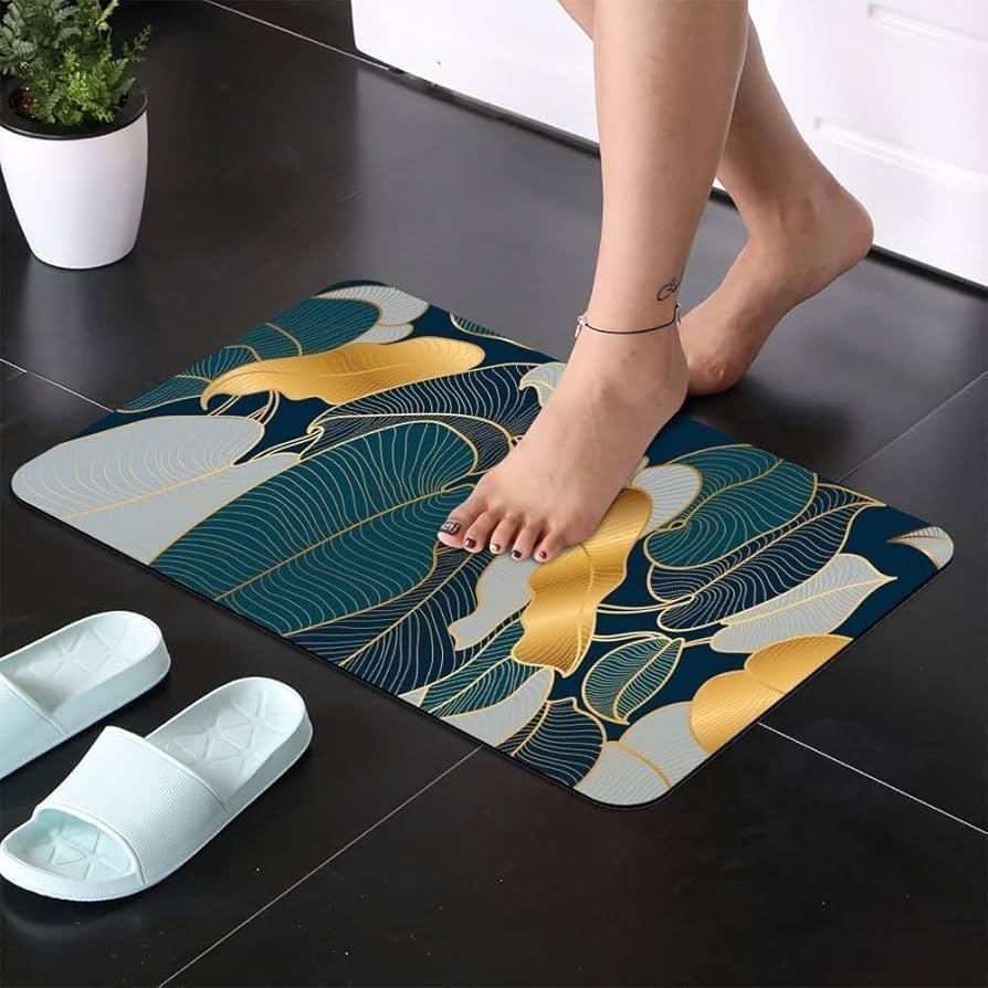 Non-Slip Textured Bathroom Mat (60x40 cm) - Water Absorbent Thin Square Shower Rug for Home (Green Plant Leaf Design) - Image 4