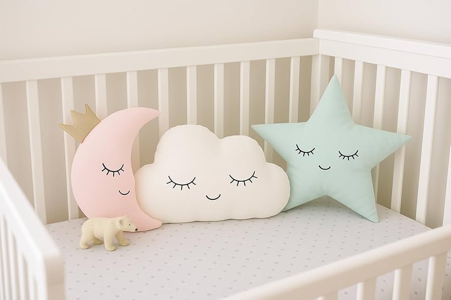 Velvet Baby Cushion Set of 3 – Cloud, Moon & Star Shapes | Pink Green | Soft Polyester Filled Crib Cushions - Image 5