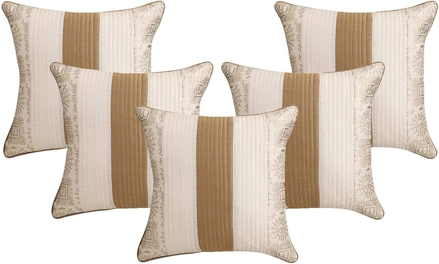 Silk Striped & Rajasthani Warli Golden Hand Printed Square Pillow Cushion Covers 16x16 inches Set of 5 & Round Pillow Bolster Covers Set of 2 16x32 inches (Pack of 7,Beige) - Image 5