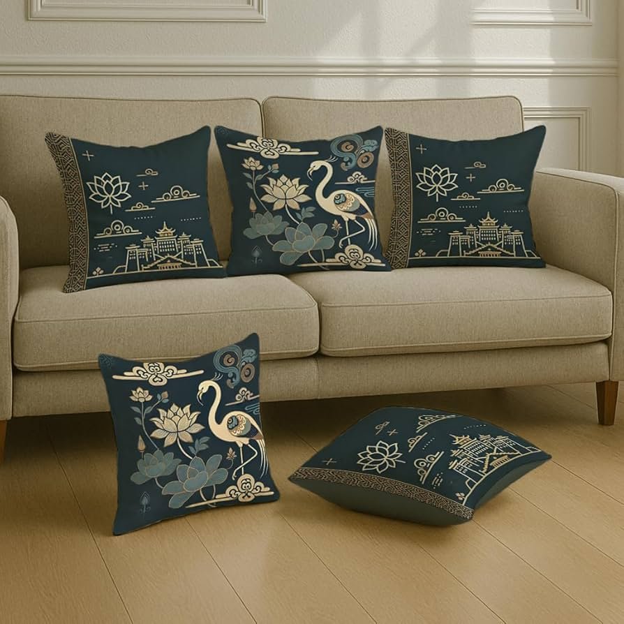 Satin Cushion Covers with, Lotus & Gold Detailing – 16x16 Inch Decorative Pack of 5 for Living Room, Drawing Room, or Modern Ethnic Home Decor
