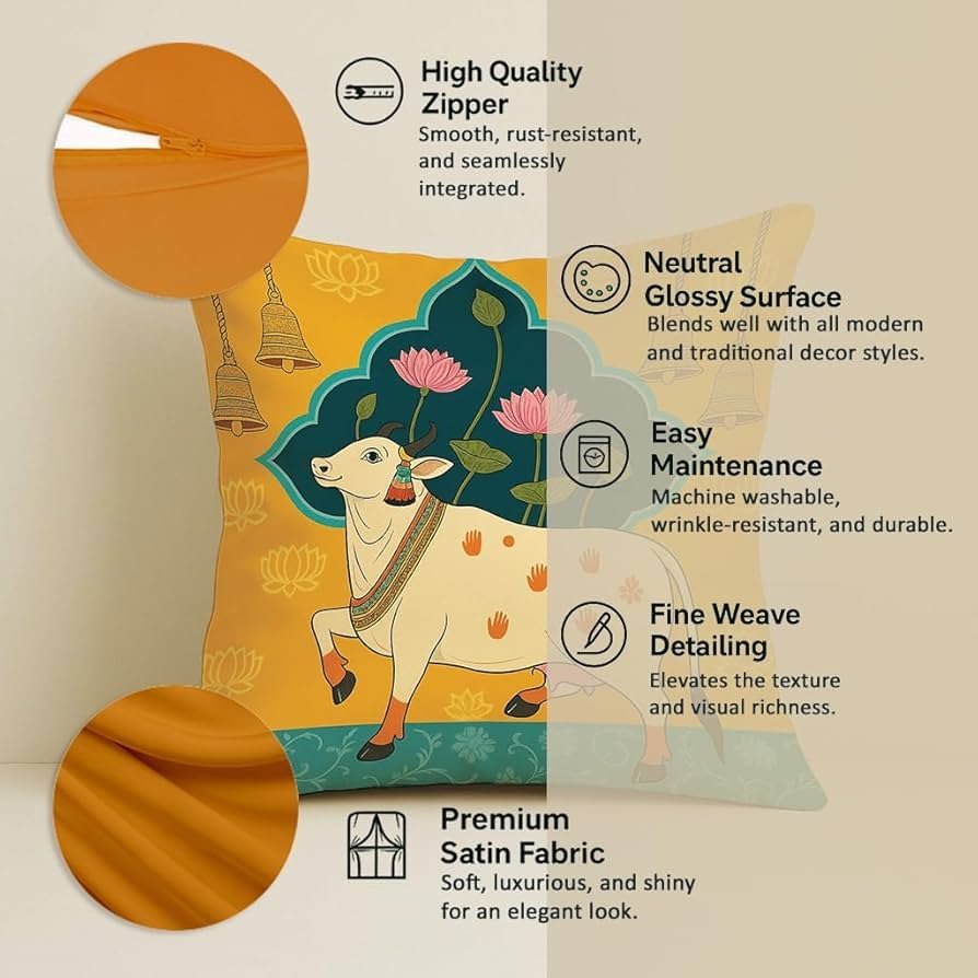 Satin Ethnic Cushion Covers Cow & Lotus Art, 16x16 Inches, Pack of 5 for Living Room & Festive Decor - Image 4