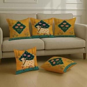 Satin Ethnic Cushion Covers Cow & Lotus Art, 16x16 Inches, Pack of 5 for Living Room & Festive Decor