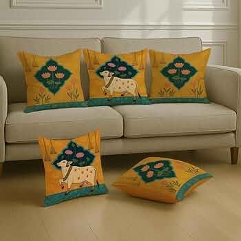 Satin Ethnic Cushion Covers Cow & Lotus Art, 16x16 Inches, Pack of 5 for Living Room & Festive Decor
