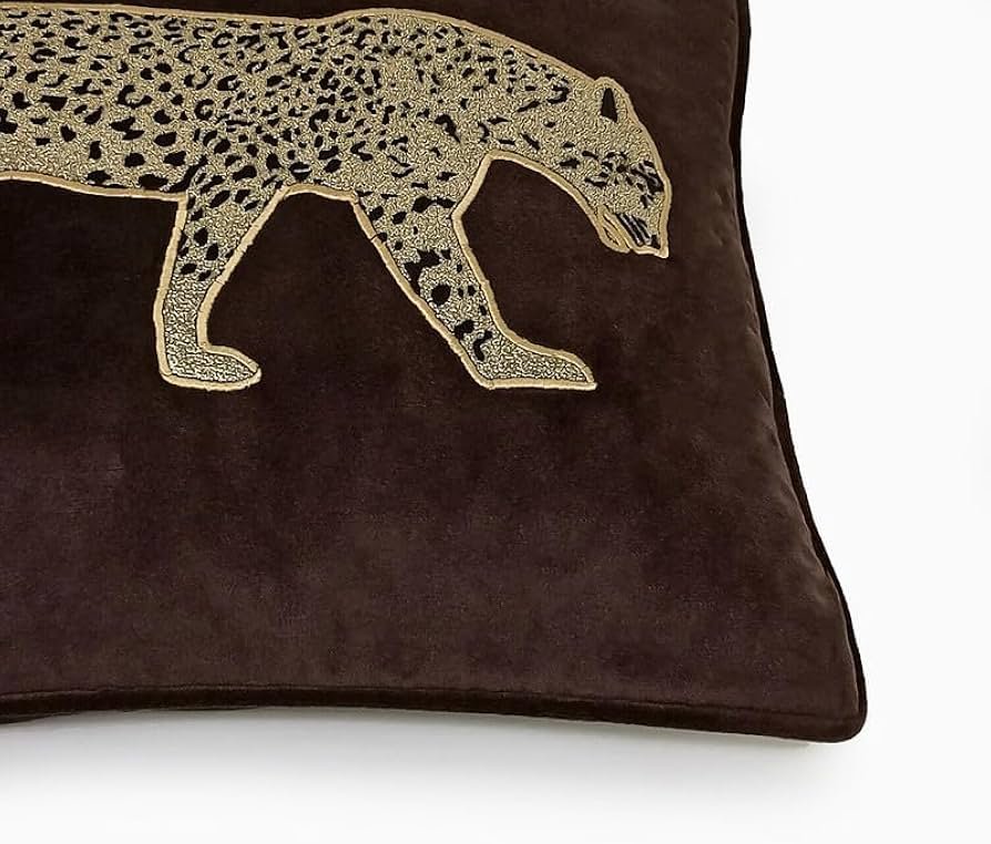 Leopard Applique Decorative Velvet Cushion Cover (12 x 18 Inches) w-Luxurious Faux Leather Cutwork & Velvet Piping_ Stylish & Trendy Design (Dark Brown) - Image 9