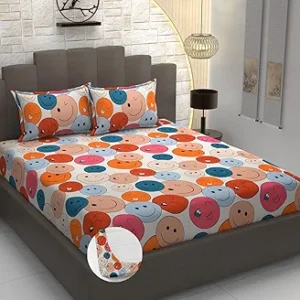 Heavy Cotton Elastic Fitted King Size Bedsheet | 350 TC Polycotton Double Bed Sheet with 2 Pillow Covers (72x78x10 in) – Colorful Smile
