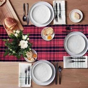 Cotton Ribbed Christmas Rectangular Dining Table Mat with Runner. Red & Black (Set of 6 + 180 cm Runner)