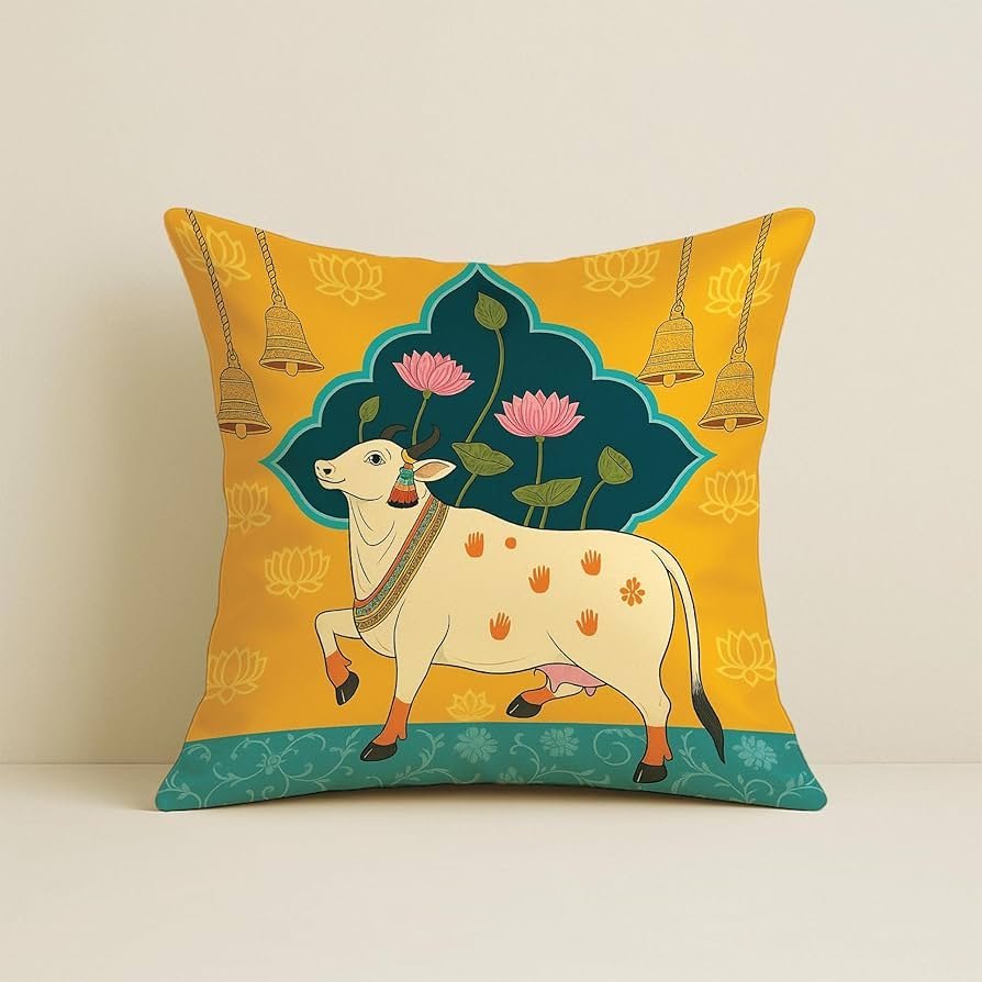 Satin Ethnic Cushion Covers Cow & Lotus Art, 16x16 Inches, Pack of 5 for Living Room & Festive Decor - Image 6
