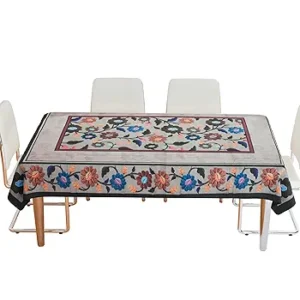 Rectangular Cotton Dining Table Cover | 6-Seater Table Cloth | Brown New Painting Design | Elegant Table Linen | 60x90 Inch (Cream-Gray)