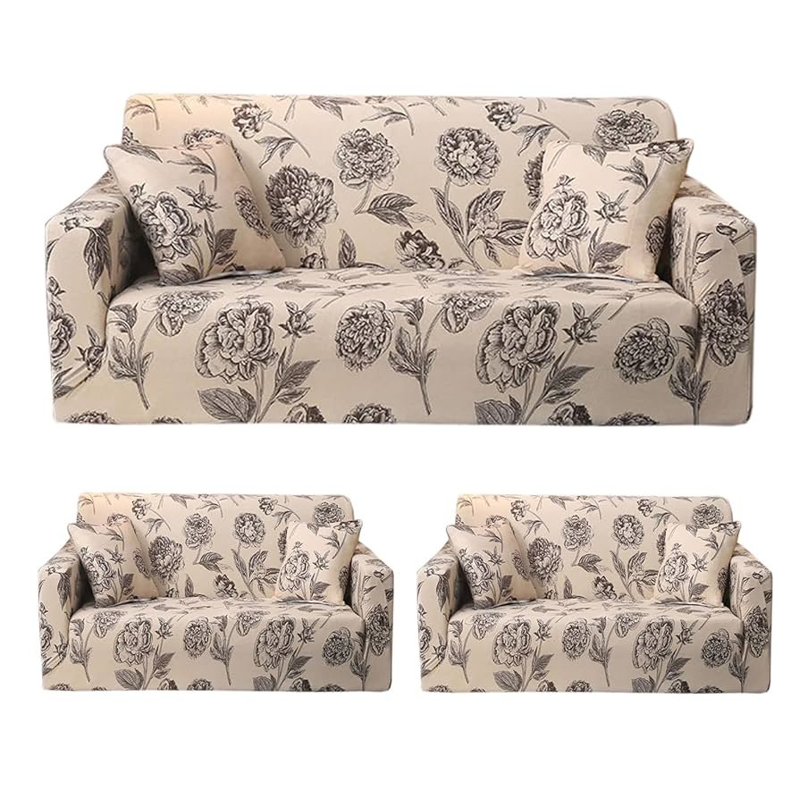 Cream Brown Flower Polyester Sofa Cover – Zipper Closure, Stretch Fit, Universal 3+1+1 Seater - Image 6