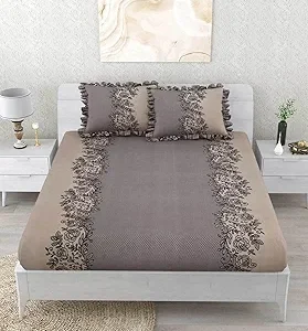 Elastic Fitted King Size Bedsheet with 2 Frill Pillow Covers – Coffee Floral Design | 300-350 TC Polycotton | Double Bed with All-Around Elastic