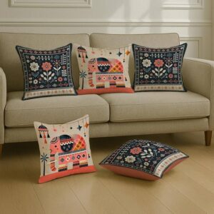 Elephant & Boho Floral Satin Cushion Covers 16x16 Inch, Pack of 5 for Living Room, Sofa & Kids Room Decor