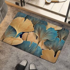 Non-Slip Textured Bathroom Mat (60x40 cm) - Water Absorbent Thin Square Shower Rug for Home (Gold Leaf Design)