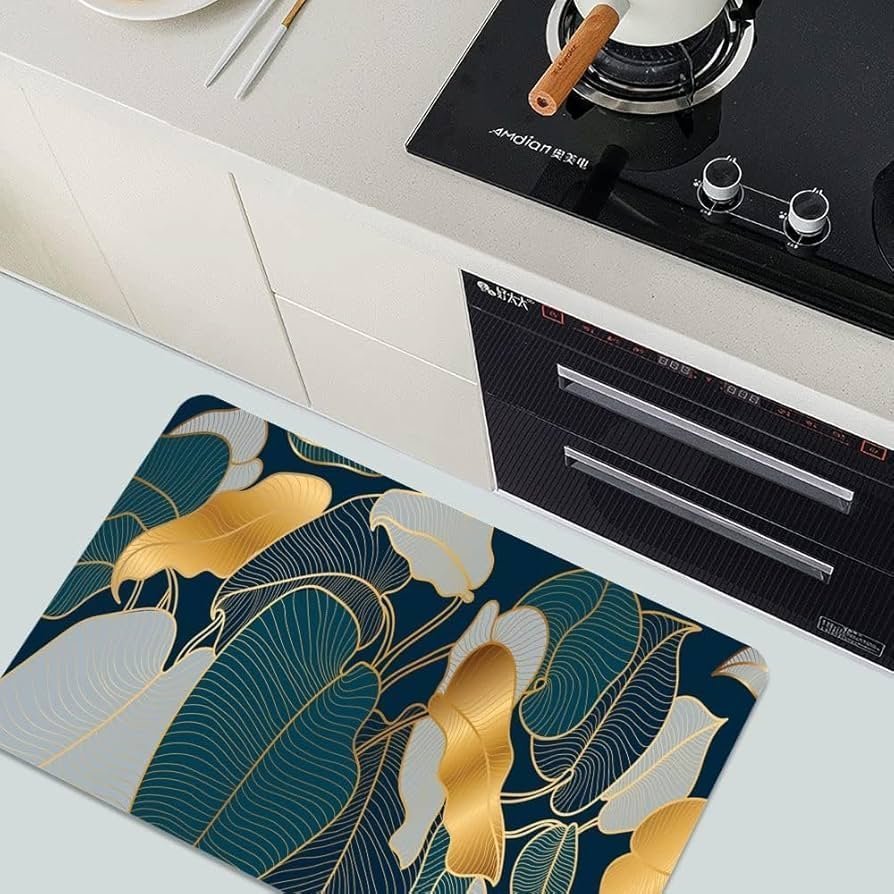 Non-Slip Textured Bathroom Mat (60x40 cm) - Water Absorbent Thin Square Shower Rug for Home (Green Plant Leaf Design) - Image 5