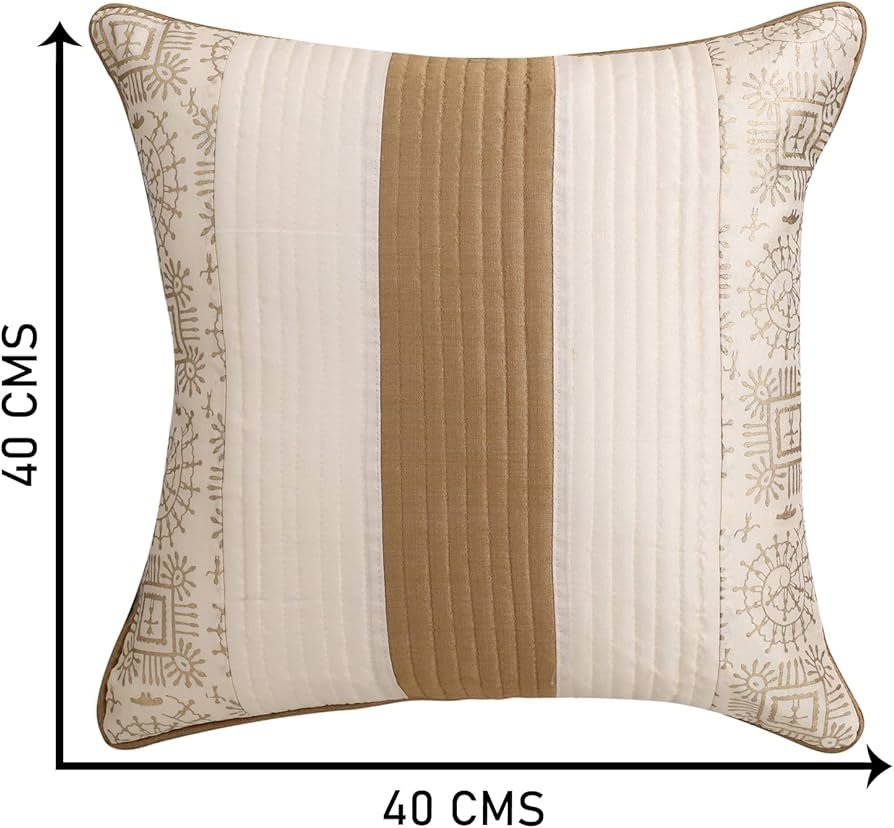 Silk Striped & Rajasthani Warli Golden Hand Printed Square Pillow Cushion Covers 16x16 inches Set of 5 & Round Pillow Bolster Covers Set of 2 16x32 inches (Pack of 7,Beige) - Image 6