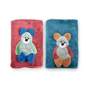 Microfiber Kids Bath Towel-Quick Drying Towels for Unisex Kids-Teddy Bear Print Baby Towel for Boys and Girls-70 x 140 Cms (Pack of 2,Blue/Red)
