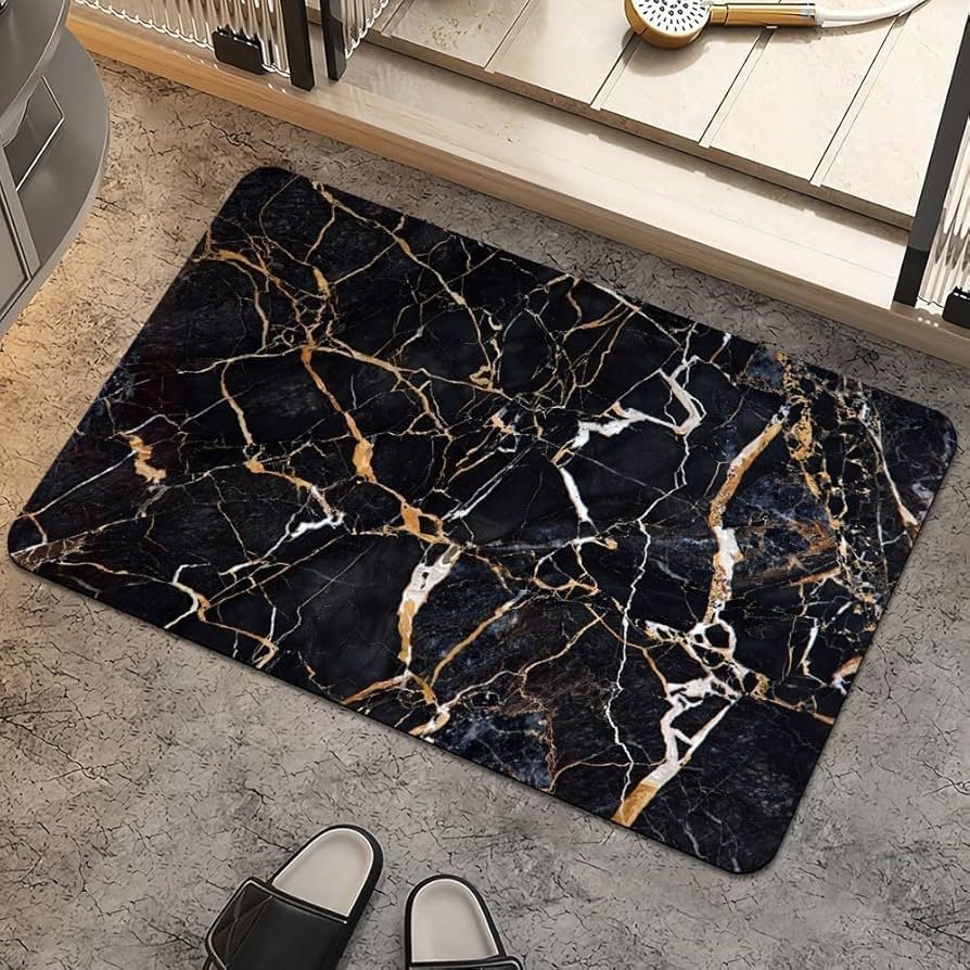 3D Non-Slip Textured Bathroom Mat (60x40 cm) - Water Absorbent Thin Square Shower Rug for Home & Kitchen (Black Marble) - Image 3