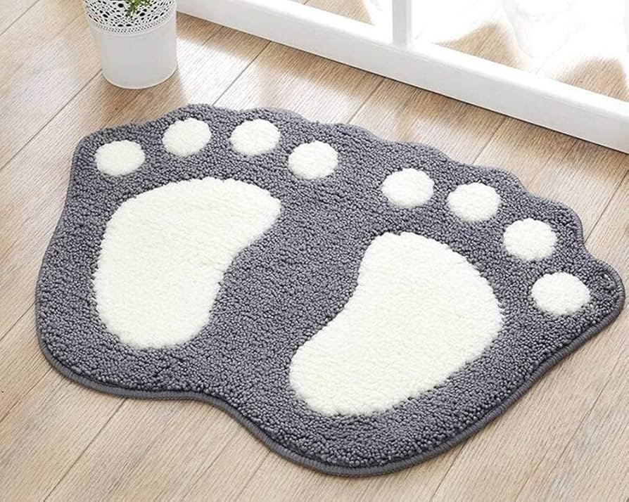 Cute Footprint Microfiber Bath Mat - Non-Slip, Water Absorbent & Quick-Dry Bathroom Rug (Gray)
