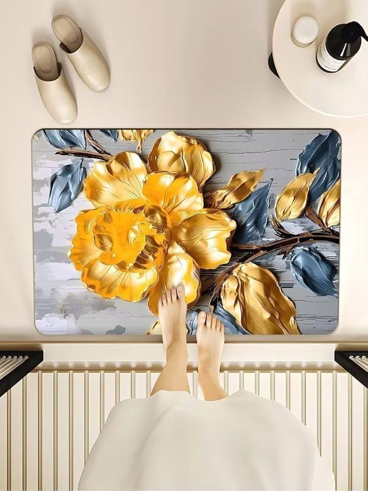 Oval Non-Slip Rubber Bath Mat Set (Pack of 2) - Super Absorbent, Quick-Dry & Washable Thin Rug for Bathroom (Golden Rose) - Image 5