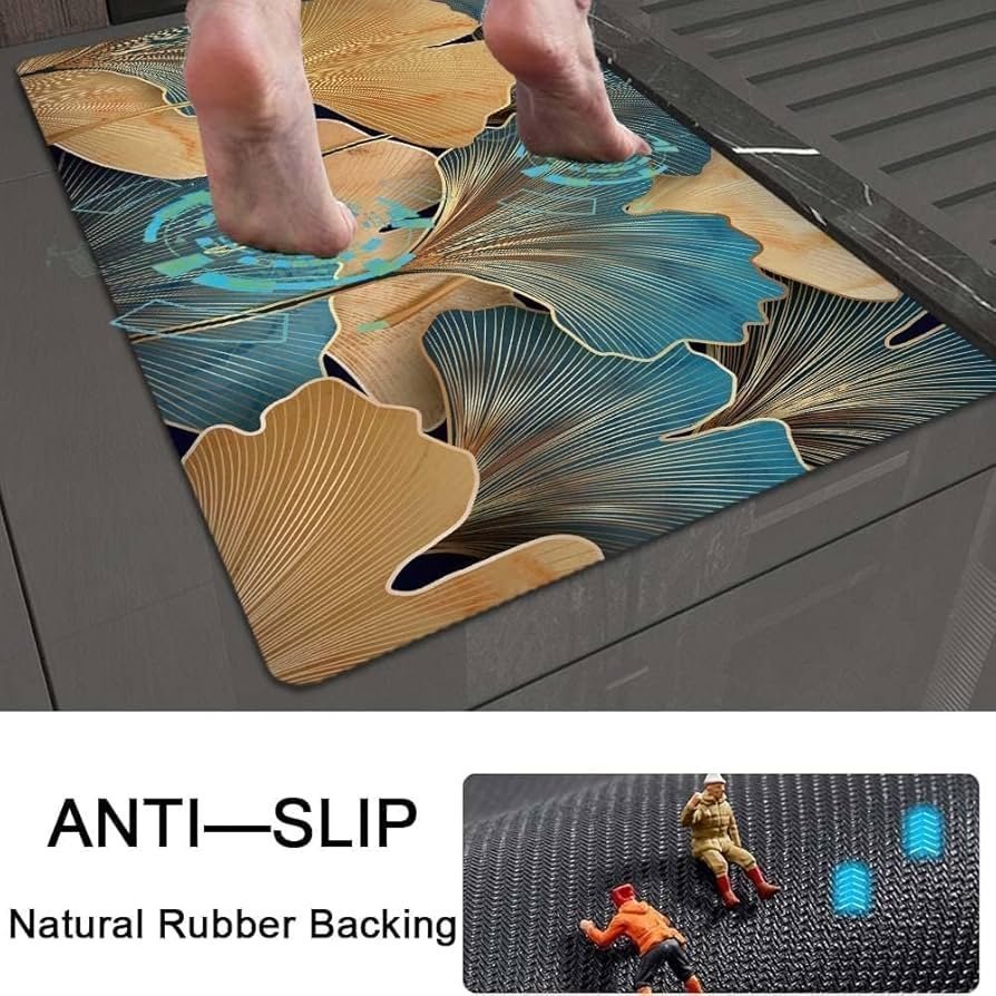 Non-Slip Textured Bathroom Mat (60x40 cm) - Water Absorbent Thin Square Shower Rug for Home (Gold Leaf Design) - Image 6
