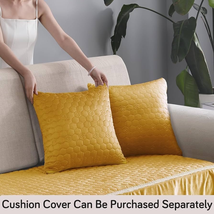 Velvet Anti Slip Sofa Seat Mat for 3+2 Seater and 1-2-3 Seater Sofa. Make Your Own Sofa Cover Set, Mat Length 90 cm, Mustard - Image 2