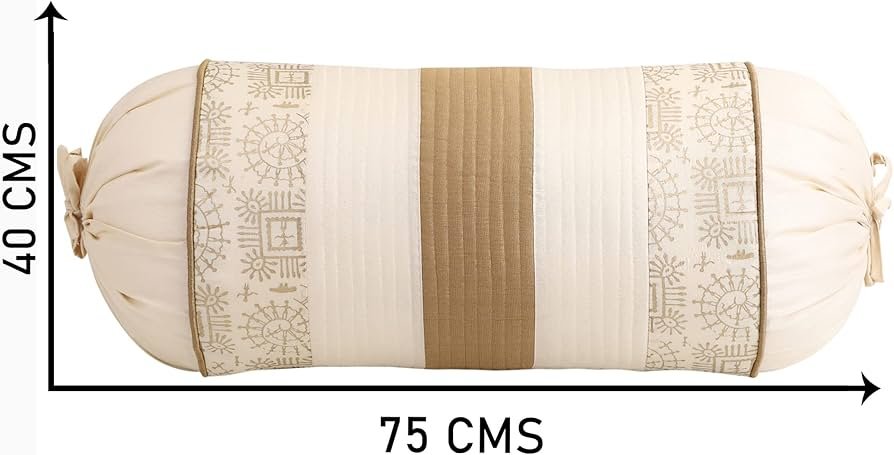 Silk Striped & Rajasthani Warli Golden Hand Printed Square Pillow Cushion Covers 16x16 inches Set of 5 & Round Pillow Bolster Covers Set of 2 16x32 inches (Pack of 7,Beige) - Image 7