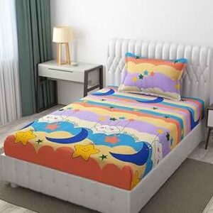 Wrinkle-Free Glace Animal Print Cotton Bedsheet for Kids – Single Bed 60 x 90 Inch with 1 Pillow Cover, 144 TC, Multicolor